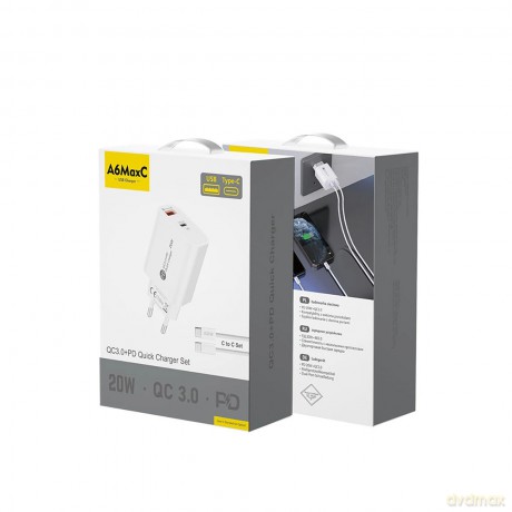 Ładowarka sieciowa A6MaxC 20W USB-A USB-C z kablem USB-C - USB-C 1m - biała