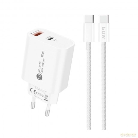 Ładowarka sieciowa A6MaxC 20W USB-A USB-C z kablem USB-C - USB-C 1m - biała