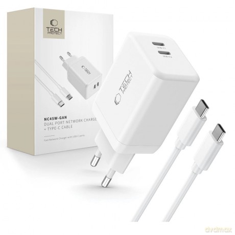 Ładowarka Tech-Protect NC45W-GAN 2-PORT PD45W + TYPE-C CABLE - białe