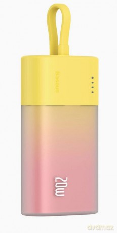 Powerbank Baseus Popsicle 5200mAh 20W z wbudowanym kablem Lightning (+ biały kabel Baseus Simple USB-C - USB-C 60W/20V/3A/30cm) - zółto-różowy
