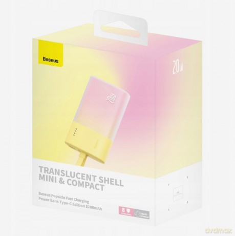 Powerbank Baseus Popsicle 5200mAh 20W z wbudowanym kablem Lightning (+ biały kabel Baseus Simple USB-C - USB-C 60W/20V/3A/30cm) - zółto-różowy