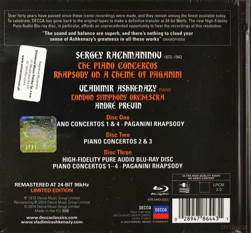 Vladimir Ashkenazy: Rachmaninov: The Piano Concertos Deluxe [Blu-Ray]+[2CD]