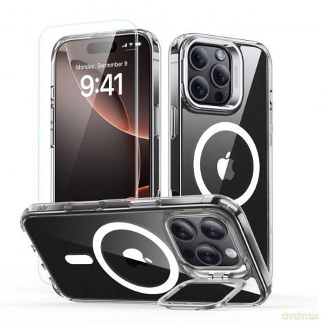 Zestaw etui ESR Classic Hybrid Kickstand Halolock MagSafe z podstawką + szkło hartowane na iPhone 16 Pro Max - przezroczyste