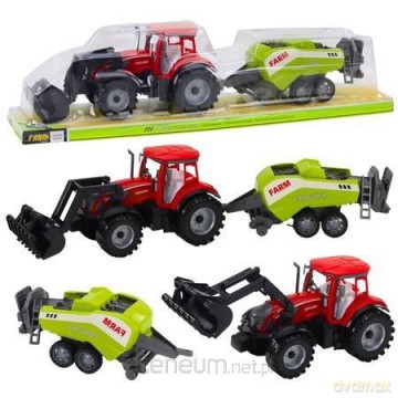 Traktor z ładowaczem i prasą rolniczą czerwony