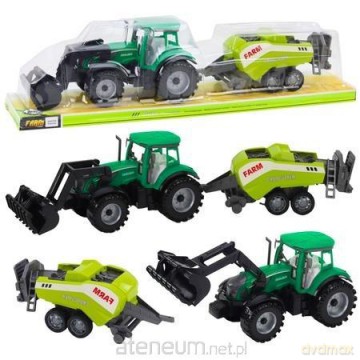 Traktor z ładowaczem i prasą rolniczą zielony