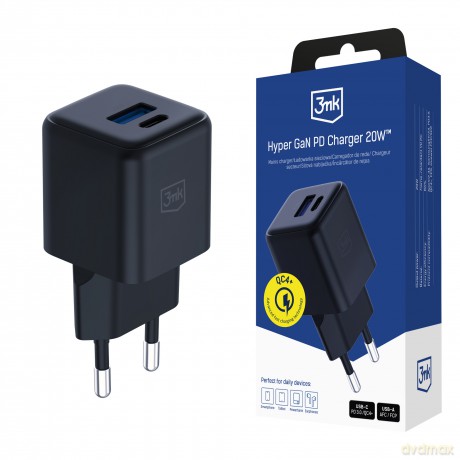3mk Hyper GaN Charger 20W QC4+ PD PPS USB 1A1C Black EU