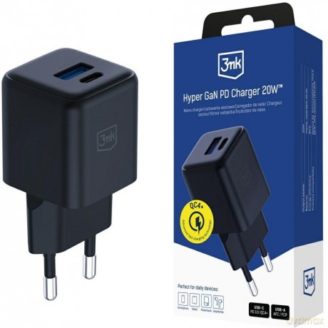 3mk Hyper GaN Charger 20W QC4+ PD PPS USB 1A1C Black EU