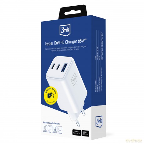 3mk Hyper GaN Charger 65W QC4+ PD PPS USB 1A2C White EU