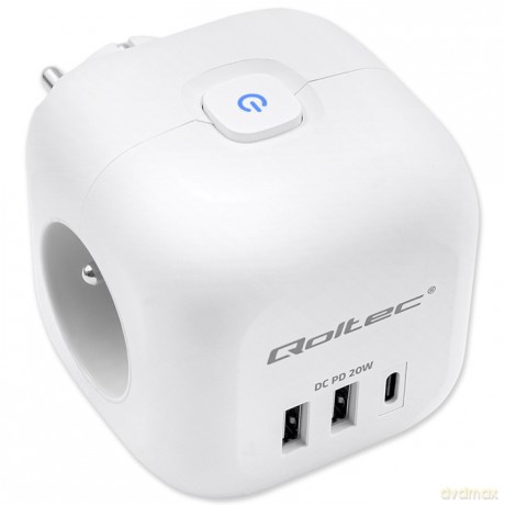 Kostka zasilająca przedłużacz 6w1 z podświetlanym włącznikiem | 3x AC | 2x USB | 1x USB-C PD 20W | biała