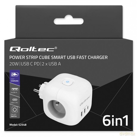 Kostka zasilająca przedłużacz 6w1 z podświetlanym włącznikiem | 3x AC | 2x USB | 1x USB-C PD 20W | biała