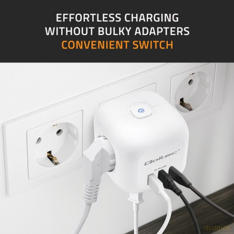 Kostka zasilająca przedłużacz 6w1 z podświetlanym włącznikiem | 3x AC | 2x USB | 1x USB-C PD 20W | biała