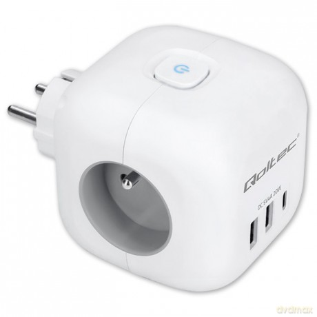 Kostka zasilająca przedłużacz 6w1 z podświetlanym włącznikiem | 3x AC | 2x USB | 1x USB-C PD 20W | biała