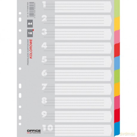 Przekładki A4 Office Products karton 223x297mm 10 kart mix kolorów