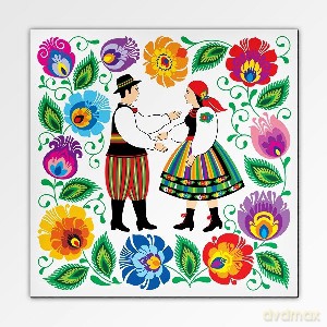 Biały magnes - wzór kwiatowy folk - para łowiczaków ubranych w stroje ludowe [GADŻET]