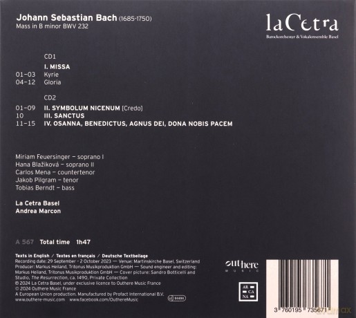 La Cetra Basel & Miriam Feuersinger & Andrea Marcon & Hana Blazikova & Carlos Mena & Jakob Pilgram & Tobias Berndt: J.S. Bach: Mass In B Minor [2CD]