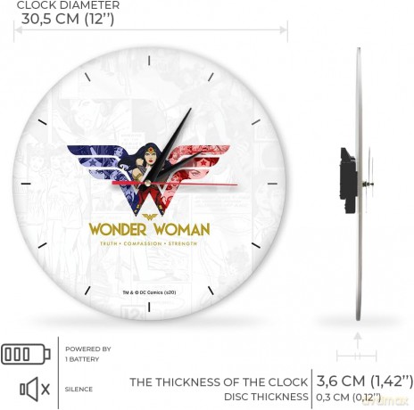 Zegar Ścienny z Połyskiem Wonder Woman 001 DC Biały