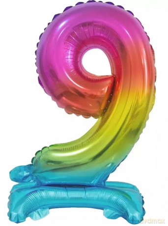 Balon foliowy stojący. Cyfra 9 (38 cm), tęczowa