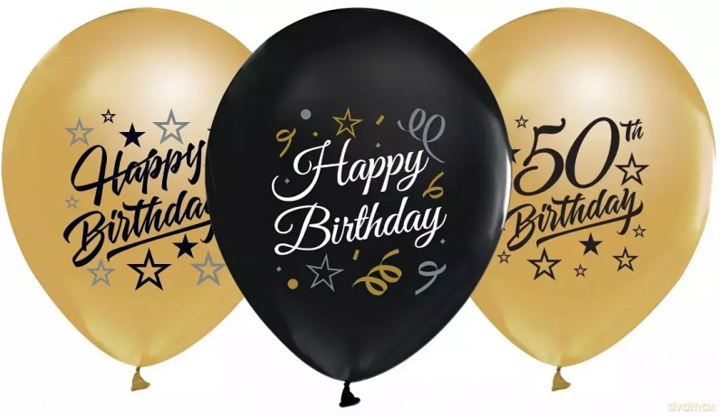 Balony na 50 urodziny, złote i czarne (5 sztuk)