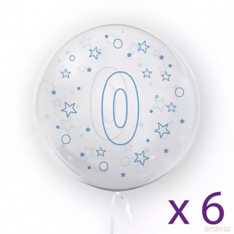 Balony z cyfrą "0" (6 sztuk), gwiazdki niebieskie