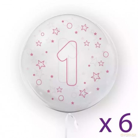 Balony z cyfrą "1" (6 sztuk), gwiazdki różowe