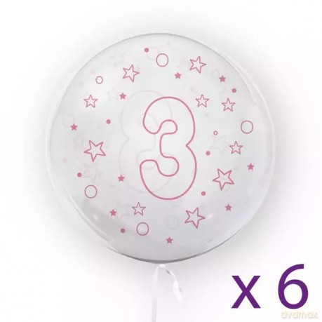 Balony z cyfrą "3" (6 sztuk), gwiazdki różowe