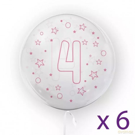 Balony z cyfrą "4" (6 sztuk), gwiazdki różowe