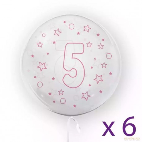 Balony z cyfrą "5" (6 sztuk), gwiazdki różowe