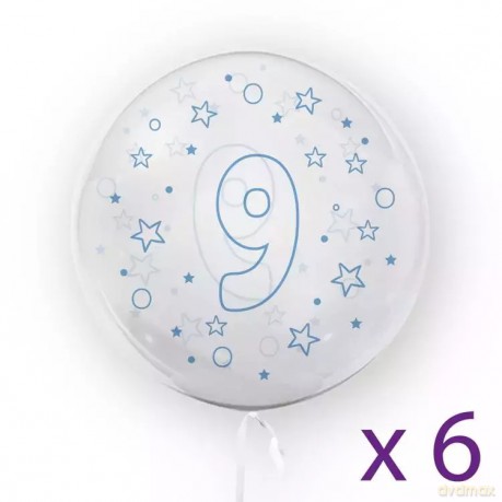 Balony z cyfrą "9" (6 sztuk), gwiazdki niebieskie