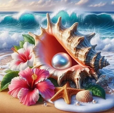 Haft Diamentowy Plaża Muszelka Perła Mozaika Diamond Painting Zestaw 30x40