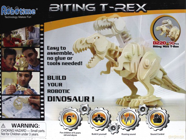Drewniany model do złożenia z czujnikiem dźwięku. Ryczący T-Rex