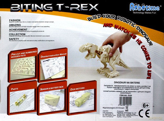 Drewniany model do złożenia z czujnikiem dźwięku. Ryczący T-Rex