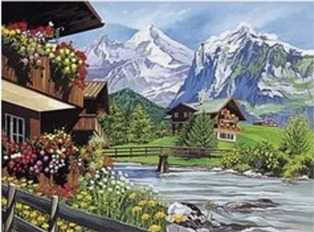 Malowanie po numerach Domki w górach nad potokiem 50x40cm 1009857