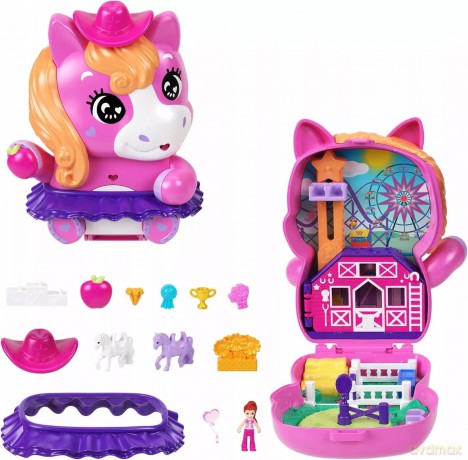 Polly Pocket Kucykowe rodeo Zestaw kompaktowy: 1 mikro lalka, 2 figurki koników i akcesoria JCR39 MATTEL