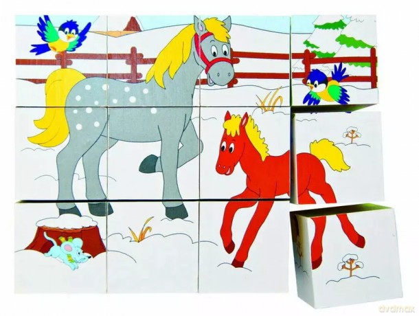 Puzzle z kostek obrazkowych - Happy Engine i różne zwierzęta 90248 Woody [KLOCKI]