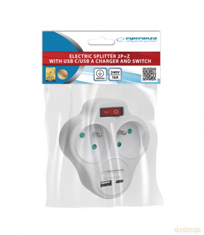 Rozgałęźnik Elektryczny 2 Gn. USB-C USB-A Wł. Biały