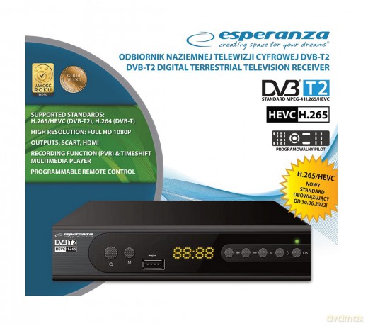 Tuner/Dekoder Cyfrowy Dvb-T2 H.265/Hevc Ev106p