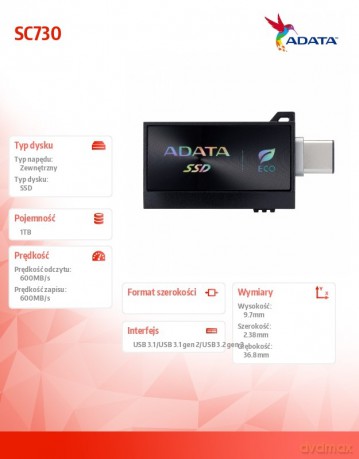 Dysk zewnętrzny SSD SC730 1TB USB 3.2C/A 600/600MB/s czarny