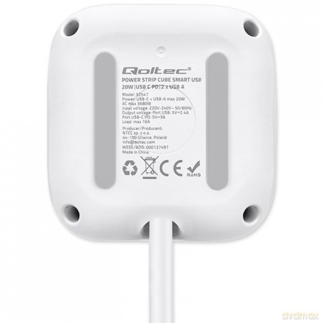 Kostka zasilająca przedłużacz 6w1 z podświetlanym włącznikiem | 3x AC | 2x USB | 1x USB-C PD 20W | biała | kabel 2m