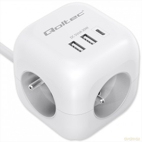 Kostka zasilająca przedłużacz 6w1 z podświetlanym włącznikiem | 3x AC | 2x USB | 1x USB-C PD 20W | biała | kabel 2m