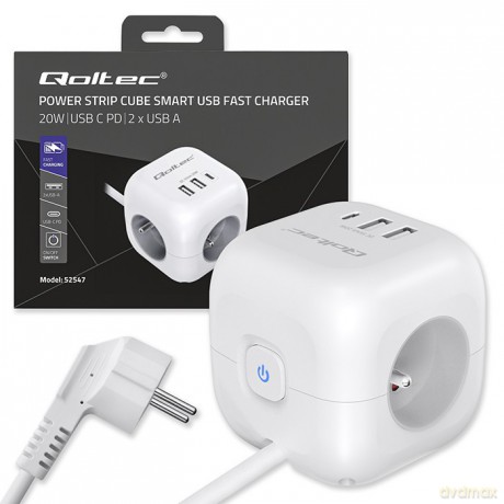 Kostka zasilająca przedłużacz 6w1 z podświetlanym włącznikiem | 3x AC | 2x USB | 1x USB-C PD 20W | biała | kabel 2m