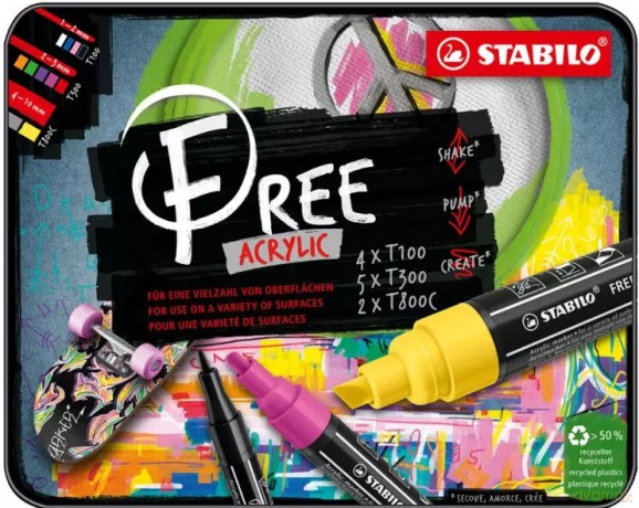 Markery akrylowe Free, starter. Zestaw w metalowym pudełku (11 sztuk)