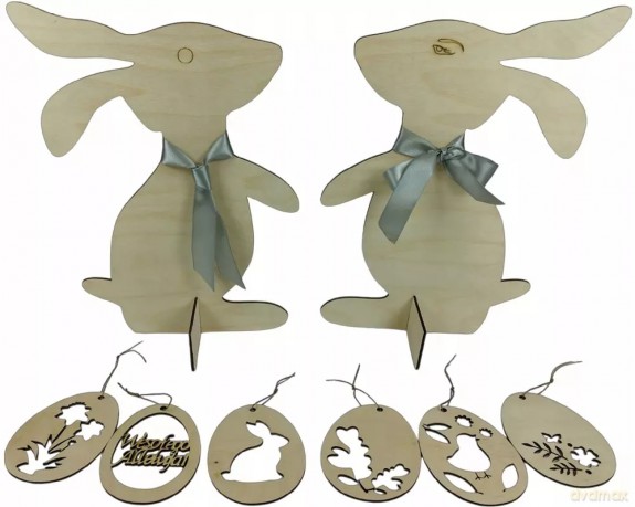 Zając wielkanocny 2 szt para duży 39 cm koszyk i 6 dużych jaj - zestaw 9szt [FIGURKA]