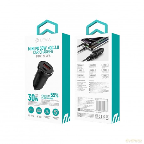 Devia ładowarka samochodowa Smart Mini PD QC 3.0 30W 1x USB 1x USB-C biała