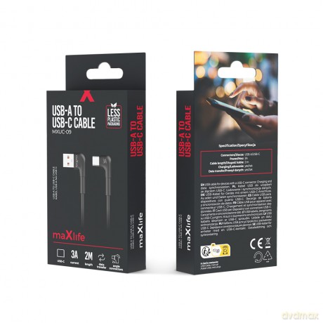 Maxlife kabel kątowy MXUC-09 USB - USB-C 2,0 m 3A czarny