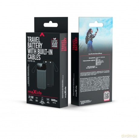 Maxlife power bank z wbudowanymi kablami MXPB-06 PD QC 22,5W 10000 mAh czarny