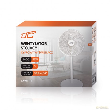 Wentylator stojący WT114 55W 14" cyfrowy wyświetlacz, pilot, biały