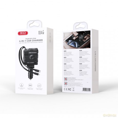 XO ładowarka samochodowa CC66 104W 1x USB 1x USB-C czarna z kablem USB-C i kablem Lightning