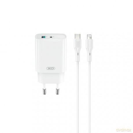 XO ładowarka sieciowa CE30 PD 30W 1x USB-C 1x USB biała + kabel USB-C - Lightning