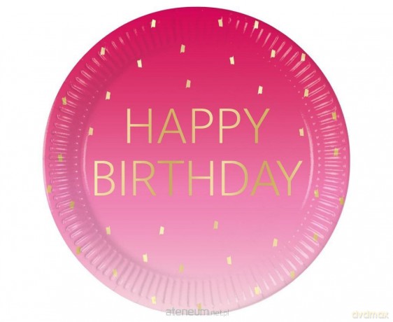 Talerzyki papierowe Pink Happy Birthday 23 cm 8szt