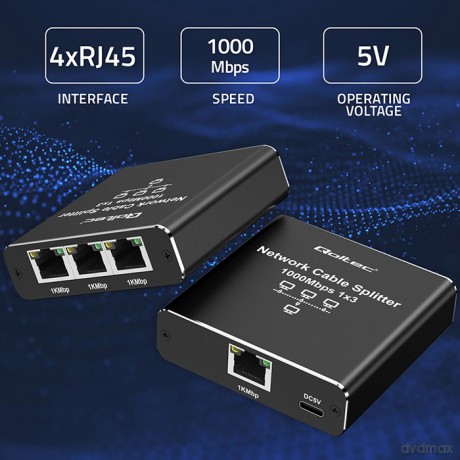 Rozdzielacz Splitter Ethernet mini SWITCH 1x3 RJ45 | 1000Mb/s | USB-C | Aluminium
